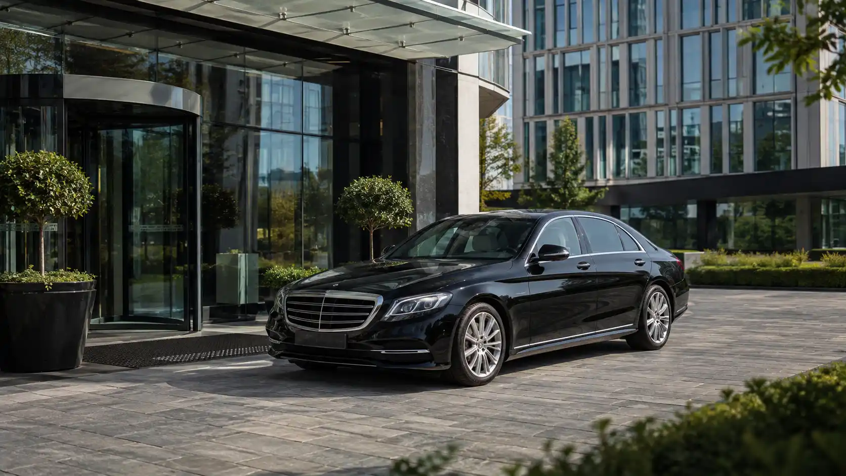 Véhicule premium devant un immeuble d’affaires moderne